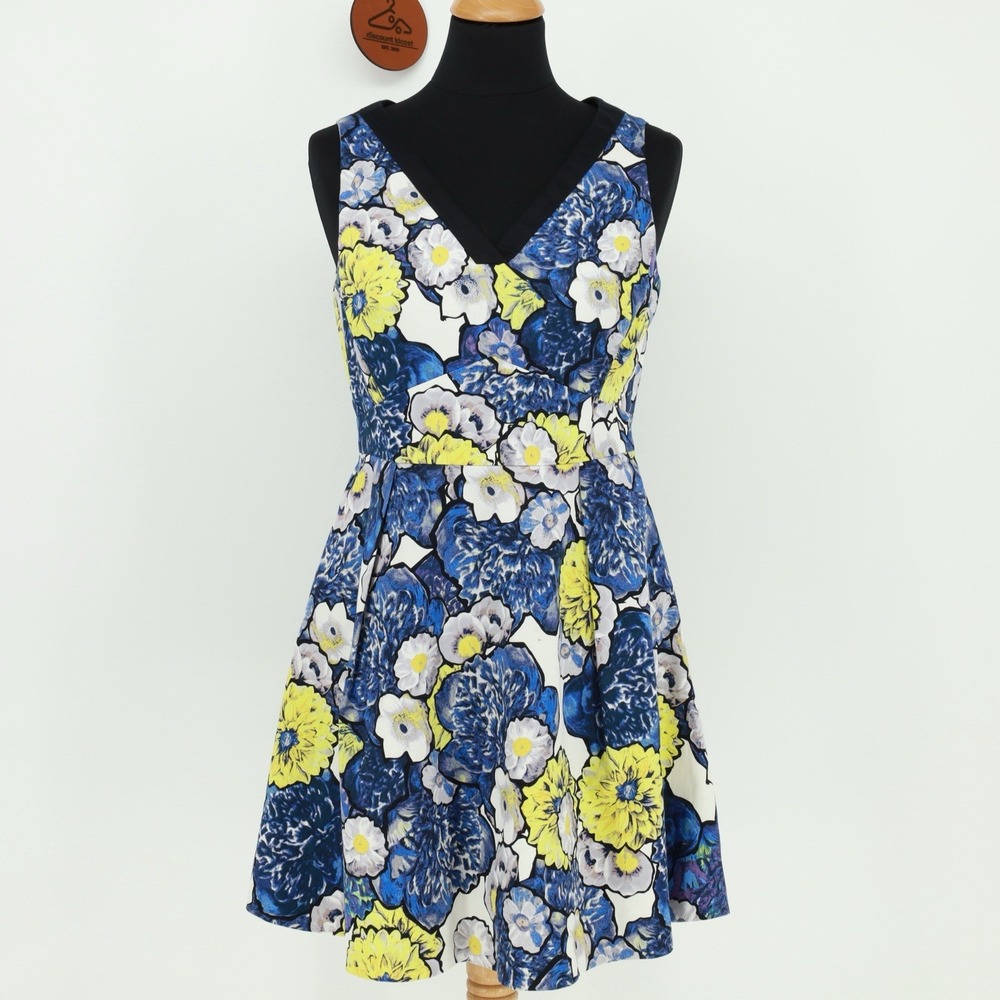 Karen Millen Women Floral Blue Yellow V-neck Sleeveless Fit Flare‎ Dress Size 8
